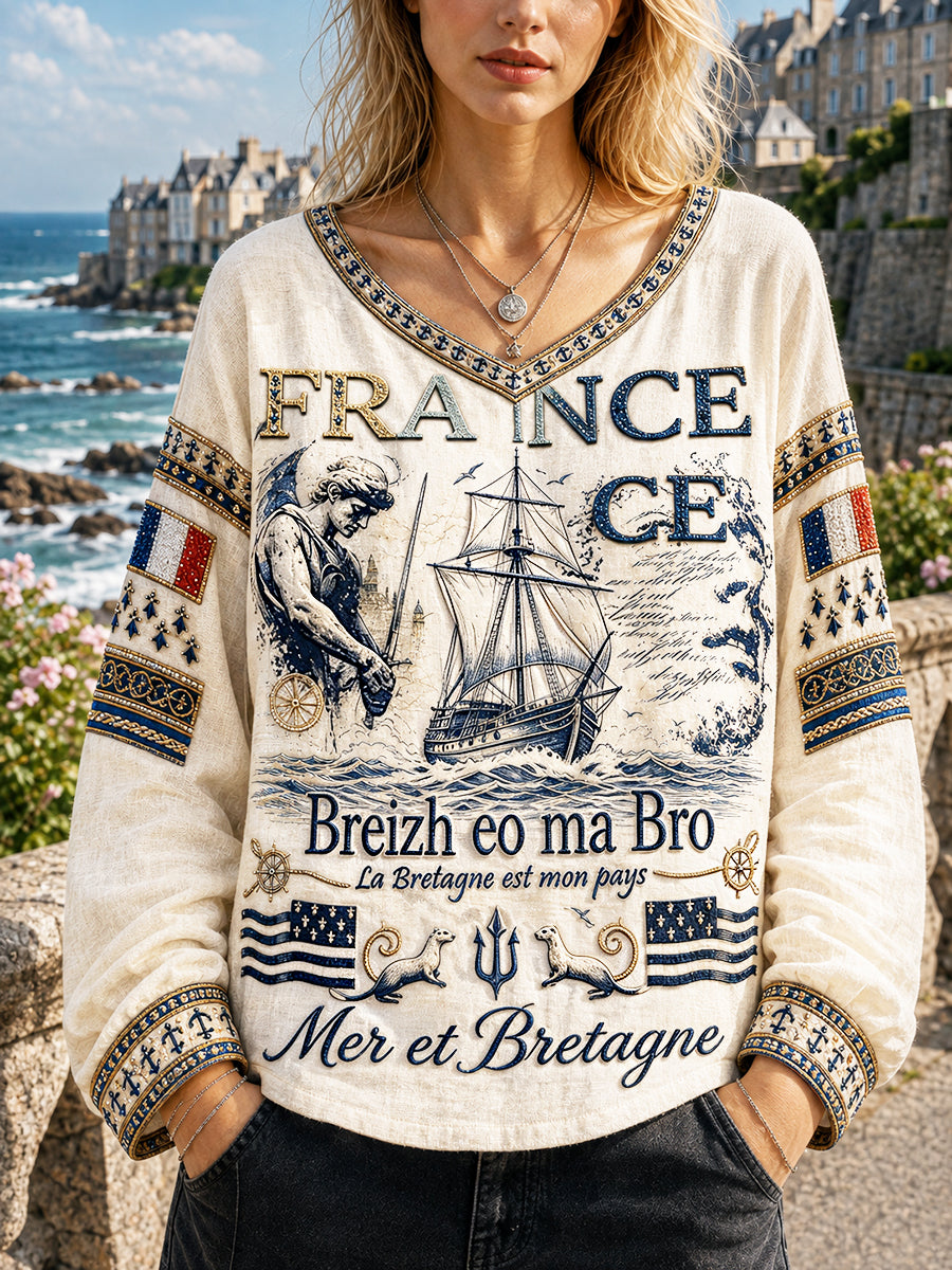 T-shirt femme blanc cassé à imprimé marin français, col en V, décontracté et offrant une protection solaire efficace