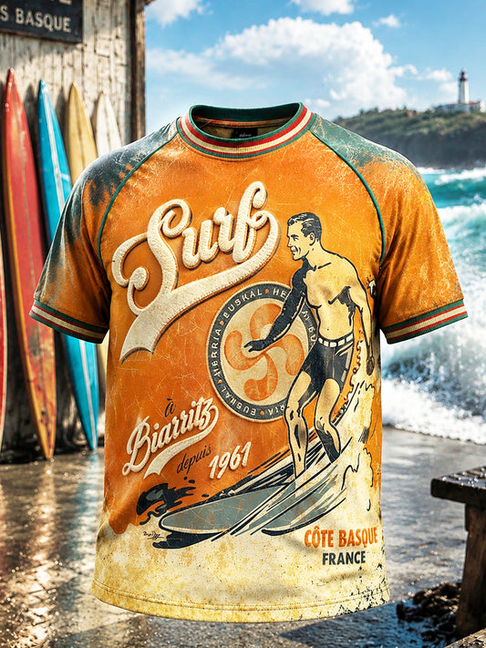 T-shirt décontracté et tendance pour homme, style rétro, orange, imprimé basque français de surf