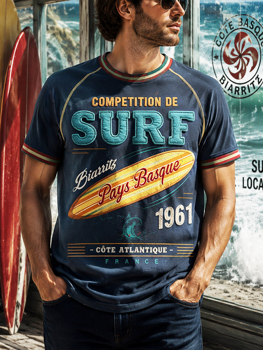 T-shirt décontracté pour homme, bleu foncé, imprimé surf basque français
