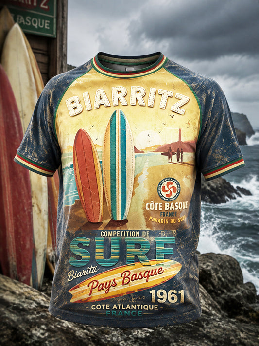 T-shirt décontracté rétro français basque à épaules tombantes, imprimé surf pour homme