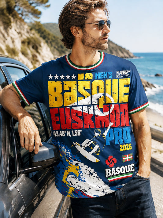 T-shirt décontracté et tendance pour homme, bleu foncé, à encolure basque française, motif surf