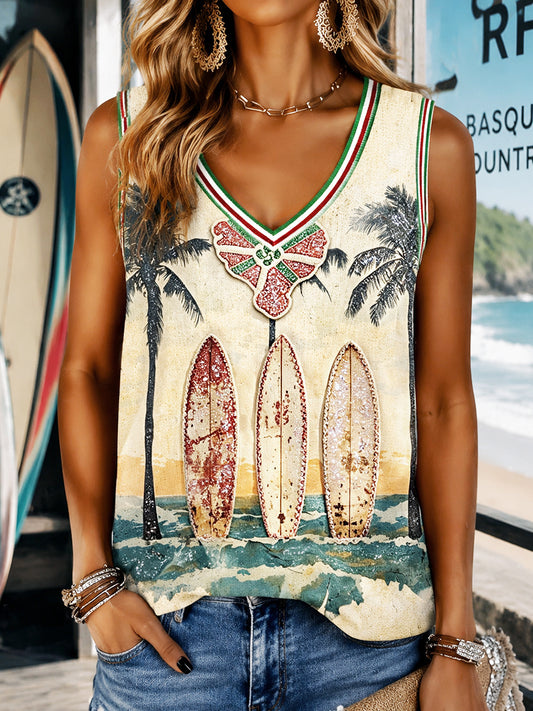 Femmes Rétro Français Basque Surf-Print Casual Plage D'été Col En V Gilet