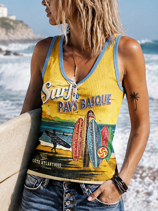 Gilet rétro jaune à col en V côtelé pour femme, imprimé basque français rétro, décontracté pour l’été