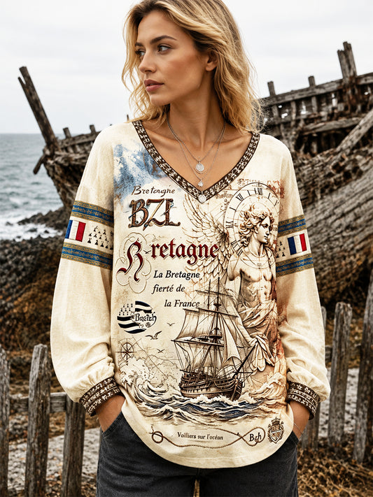 T-shirt décontracté à col en V pour femme, imprimé nautique rétro français de Bretagne