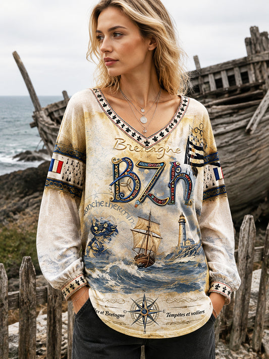 T-shirt décontracté à col en V pour femme, imprimé marin breton français