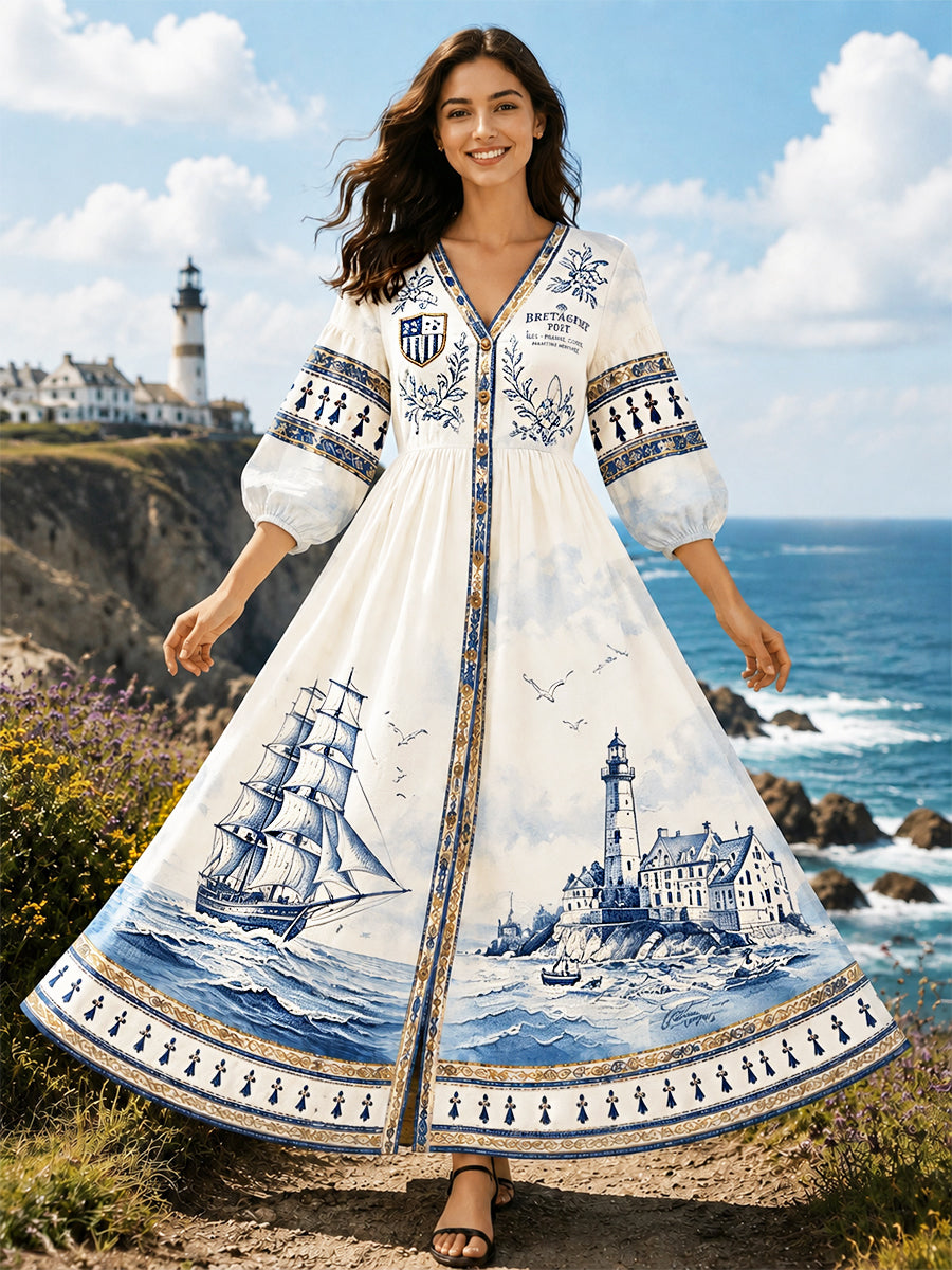 Robe décontractée légère à col en V pour femme, imprimé marin breton