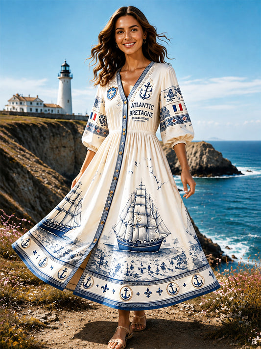 Robe décontractée légère à col en V pour femme, imprimé Bretagne française