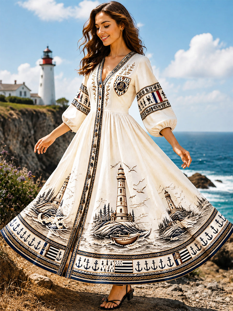 Robe décontractée légère à col en V pour femme, blanche cassée, imprimé marin français