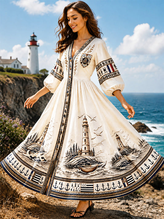 Robe décontractée légère à col en V pour femme, blanche cassée, imprimé marin français