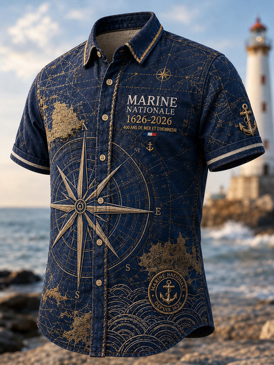 Chemise décontractée pour homme, marine française, manches courtes