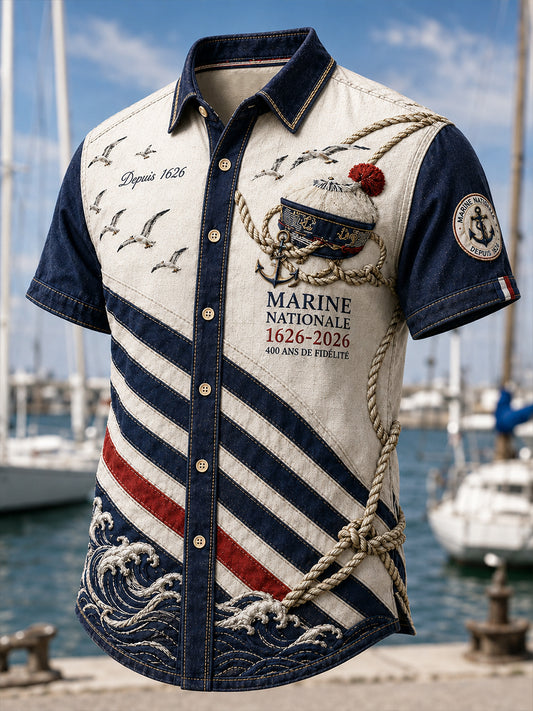 Chemise décontractée pour homme, marine française, manches courtes