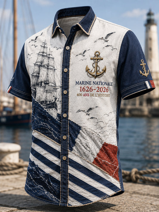 Chemise décontractée pour homme, marine française, manches courtes