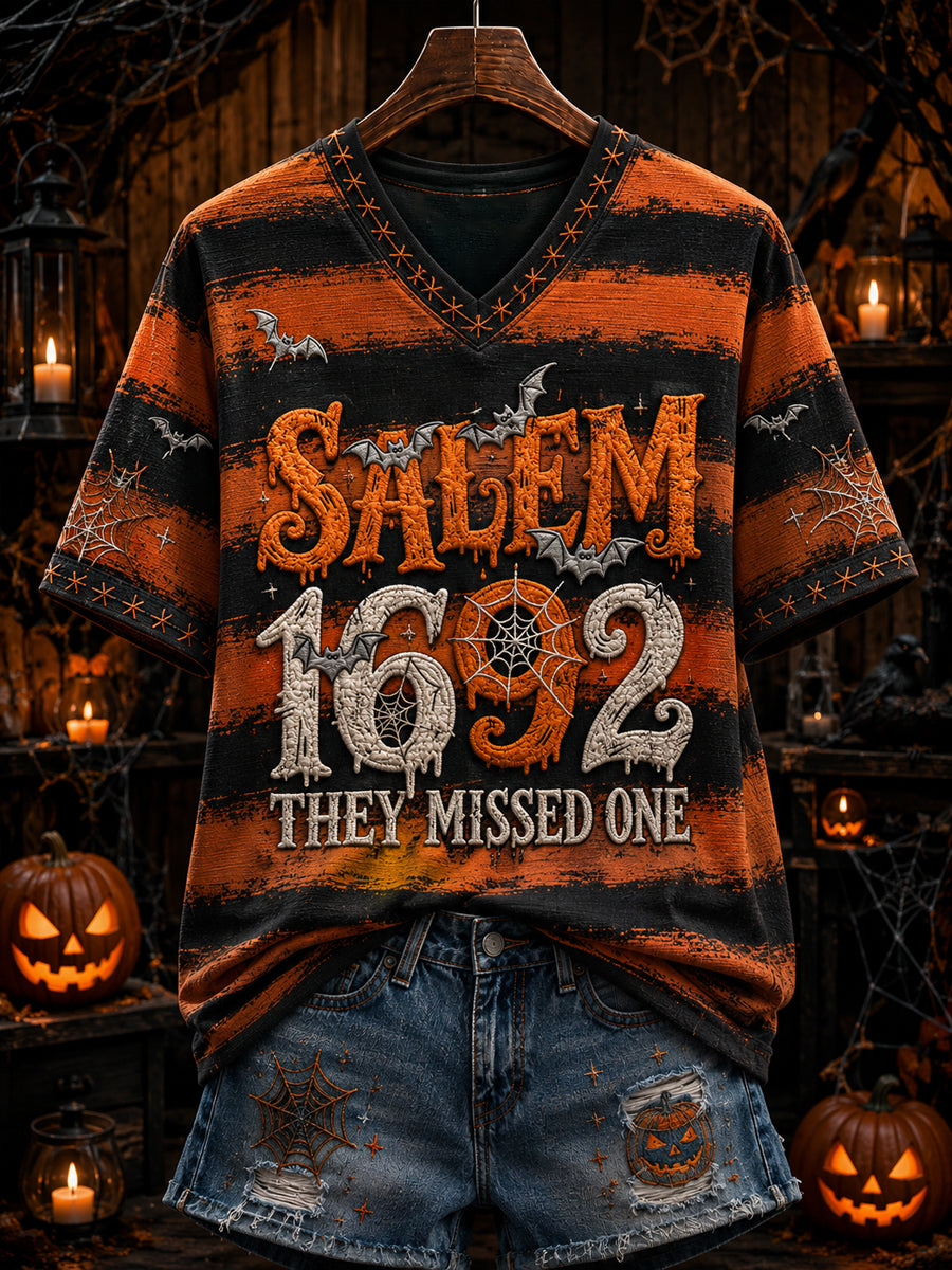 T-shirt à col en V imprimé «1692 ils ont foiré» Femme