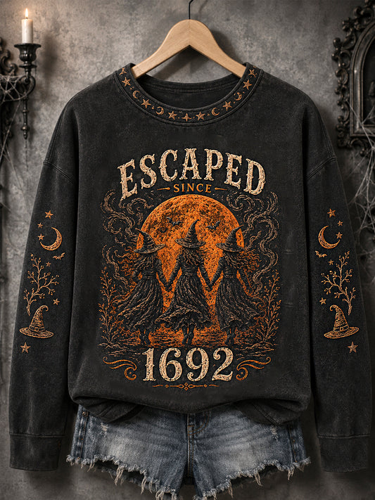 Sweat-shirt décontracté à imprimé sorcières d'Halloween échappé depuis 1692 pour femme