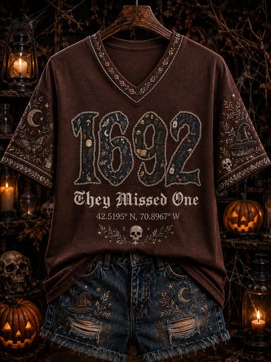T-shirt imprimé à col en V pour femmes «1692 ils ont tout gâché»