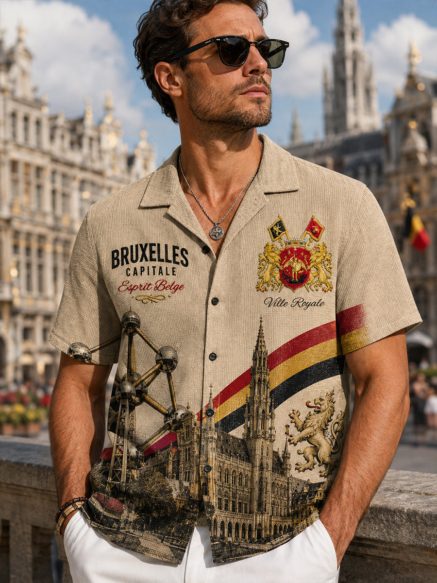 Chemise rétro pour homme à imprimé urbain, en maille gaufrée, à manches courtes