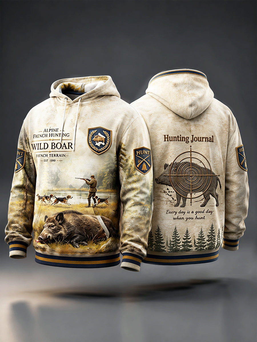 Sweat-shirt à capuche décontracté à imprimé de chasse au sanglier français pour hommes