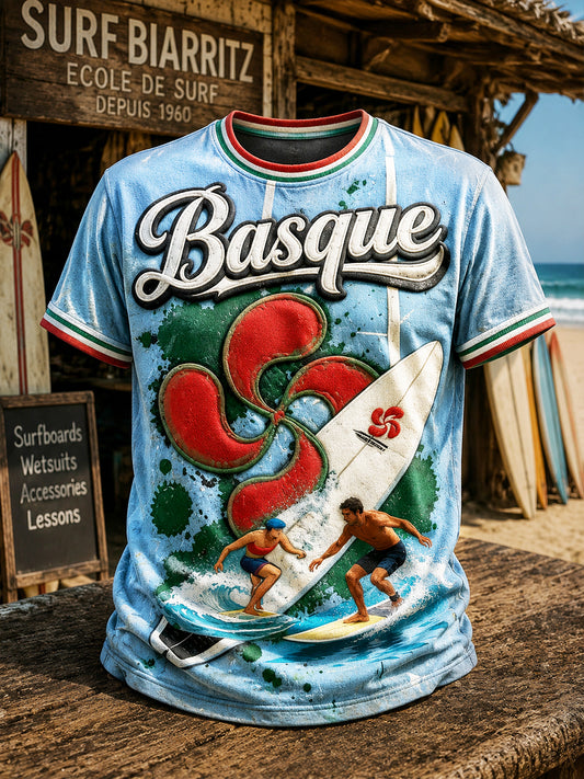 T-shirt décontracté à la mode imprimé surf basque français bleu pour hommes