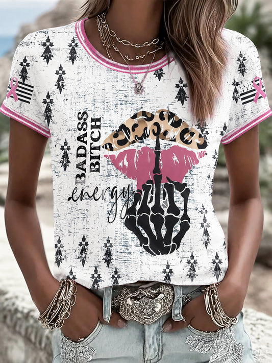 T-shirt Décontracté Femme Blanc Français Bretagne Cancer Du Sein Imprimé Léopard
