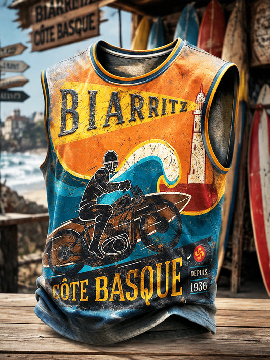 Gilet décontracté à imprimé vintage pour homme, style basque français inspiré du surf