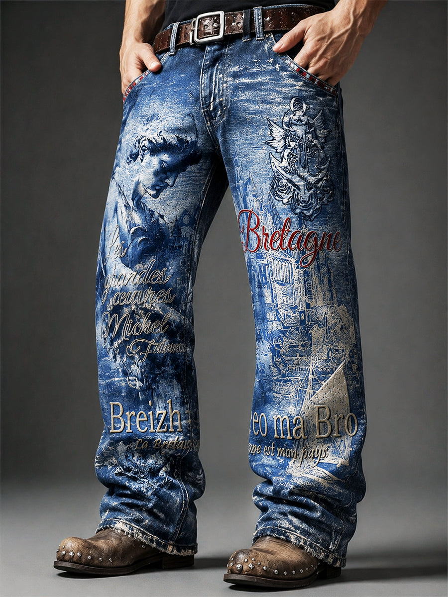 Pantalon Décontracté Homme Bleu French Brittany Imprimé Effet Denim