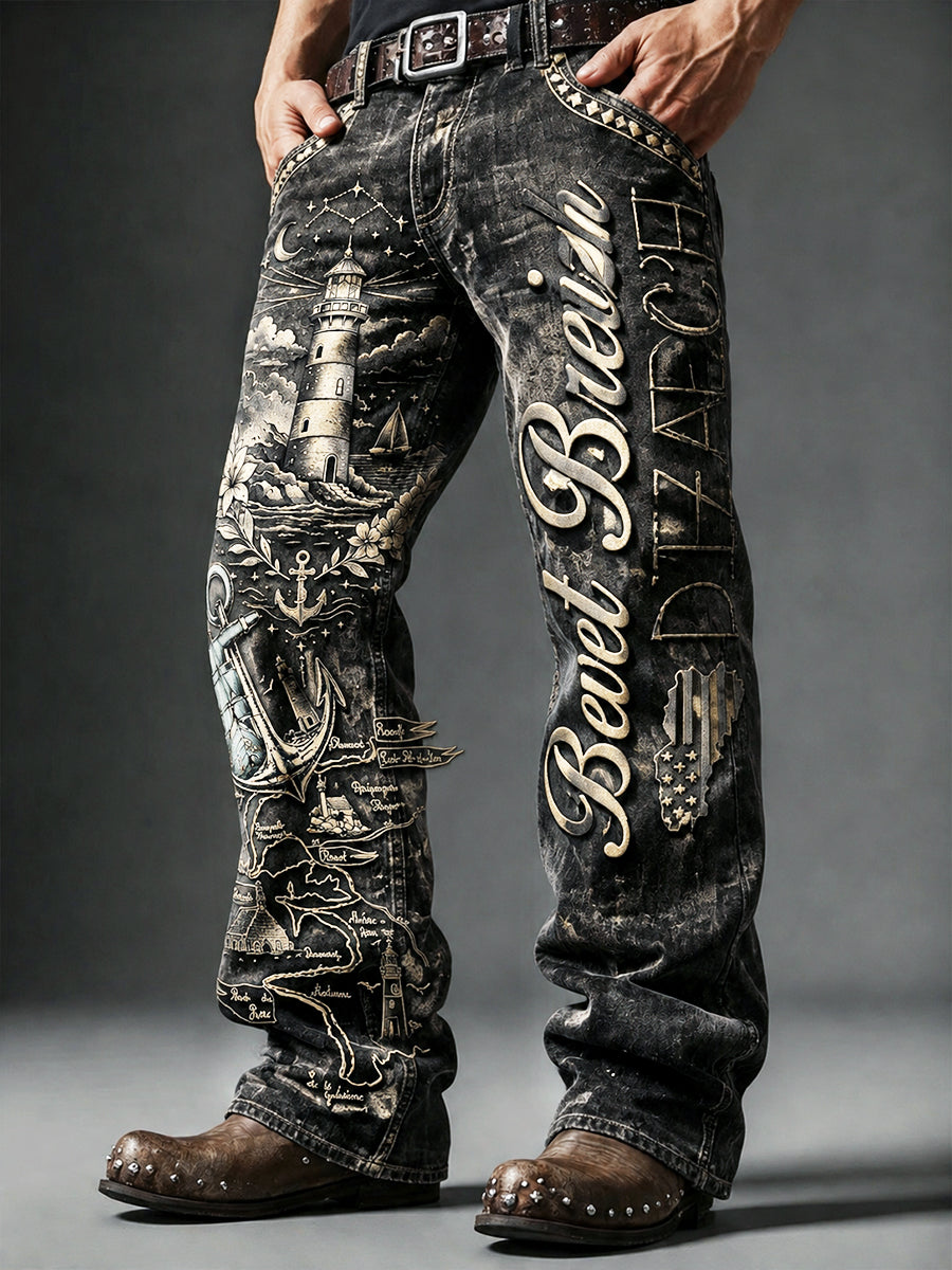 Pantalon décontracté à imprimé effet denim style français breton noir vintage pour homme