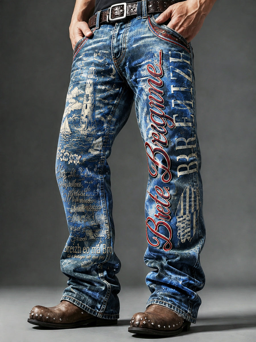 Pantalon Décontracté Homme Bleu Vintage French Brittany-Print