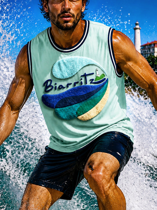 Gilet décontracté pour homme, vert menthe, imprimé surf, style basque français