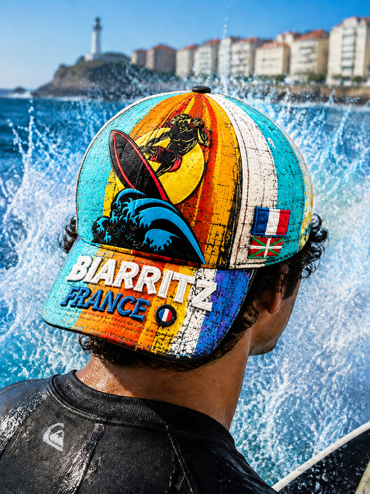 Chapeau d’été décontracté avec impression graffiti sur le thème du surf basque français