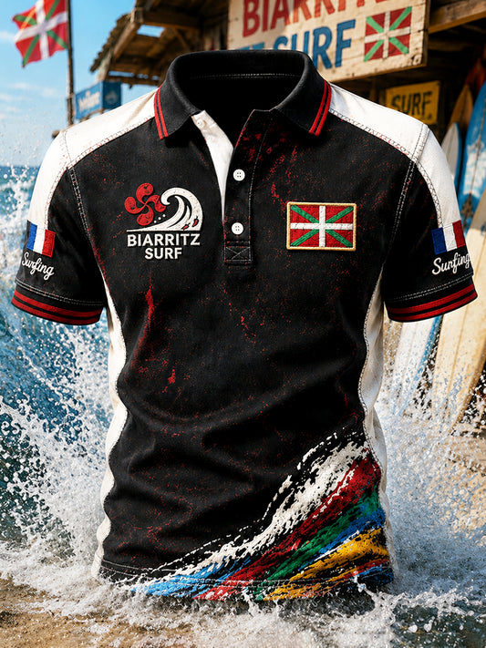 Polo décontracté pour homme, noir, style basque français, imprimé graffiti de surf