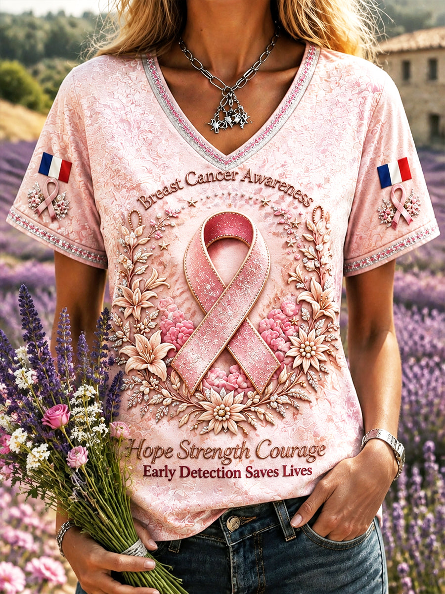 T-shirt décontracté à col en V pour femme, rose, motif floral français contre le cancer du sein, imprimé 3D