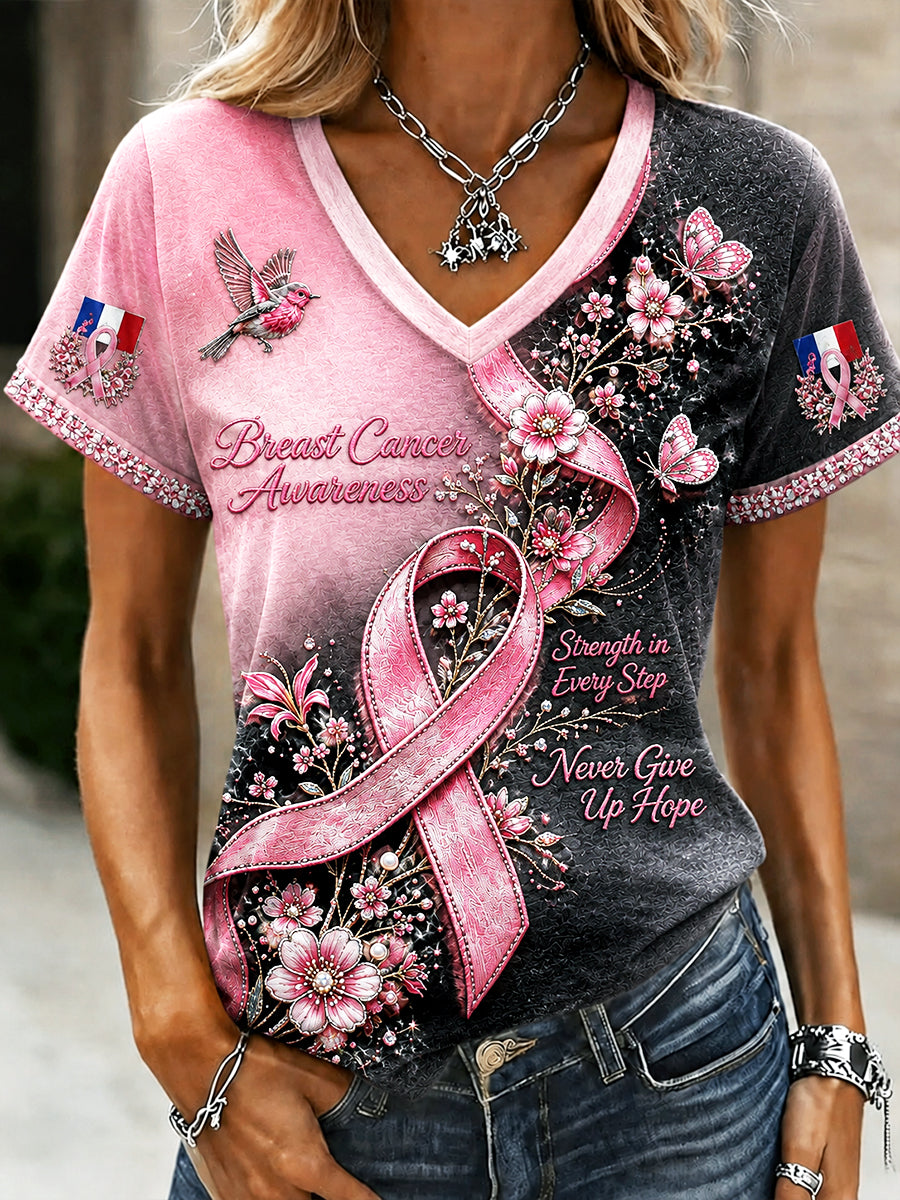 T-shirt décontracté à col en V pour femmes, imprimé floral français dégradé sur le thème du cancer du sein