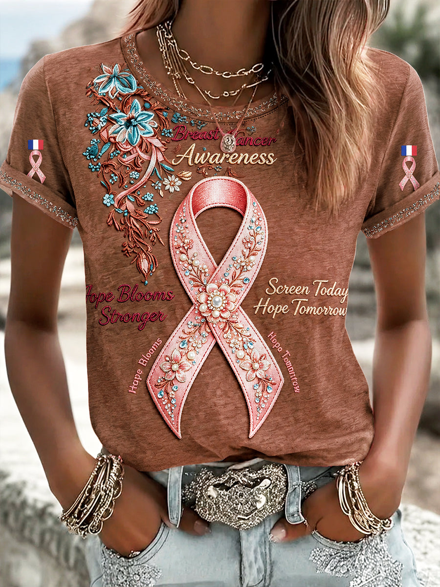 T-shirt décontracté pour femme, marron, motif floral français sur le thème du cancer du sein, imprimé d’octobre