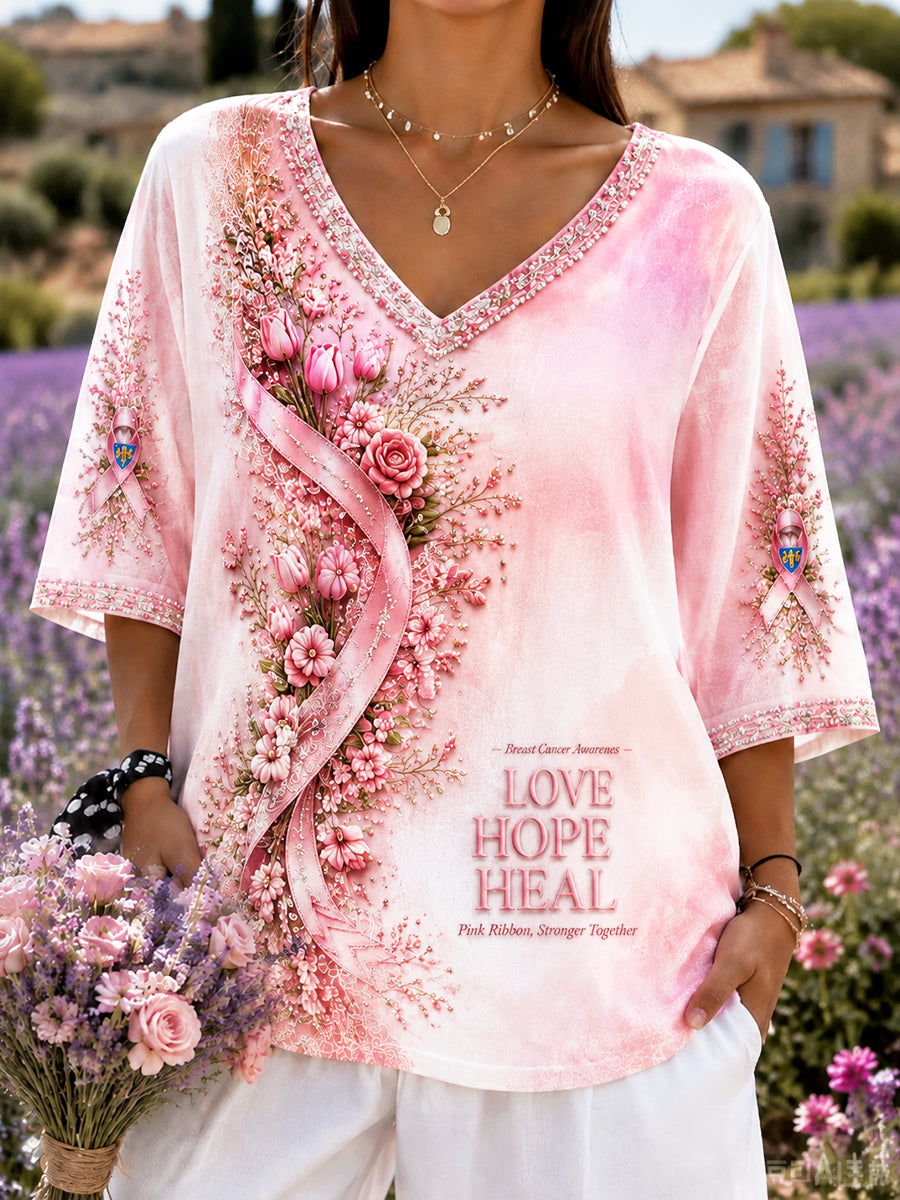 Femmes Rose French Breast Cancer Floral Print Casual Cool V-Neck T-Shirt
