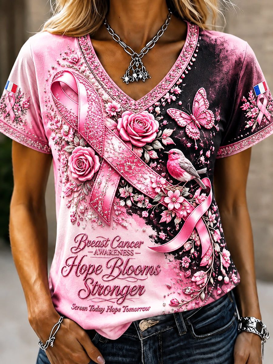 T-shirt à col en V décontracté imprimé floral français du cancer du sein noir et rose pour femmes