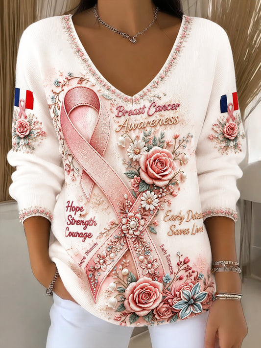Sweat Femme Blanc Cassé French Breast Cancer Imprimé Floral Décontracté Col V