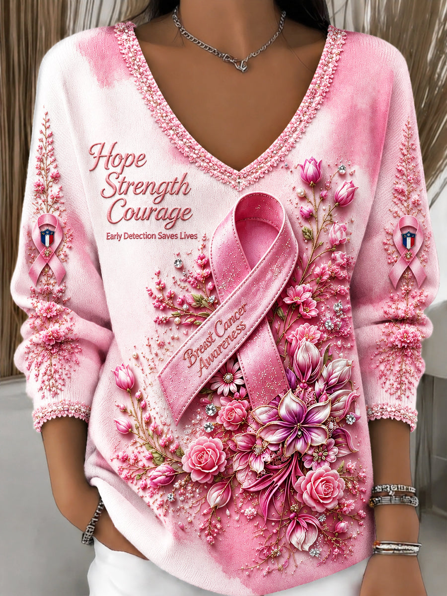 Femmes Français Cancer du sein Sensibilisation Floral Rose Gradient Imprimer Casual V-cou Sweatshirt