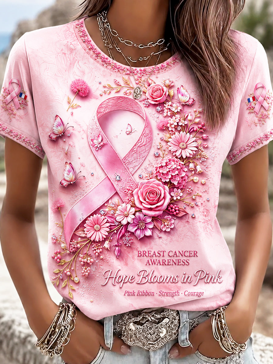 T-shirt Décontracté Femme Rose Français Cancer Du Sein Imprimé Floral