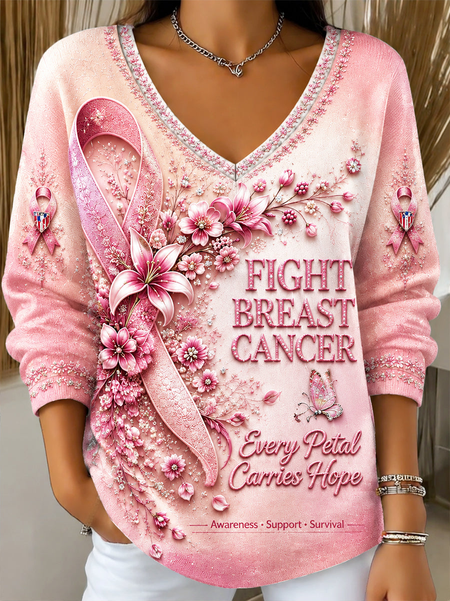 Femmes Rose Français Cancer Du Sein Imprimé Floral Automne Casual V-cou Sweatshirt