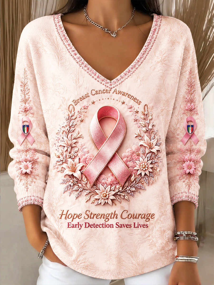 Femmes Rose Clair Français Cancer Du Sein Imprimé Floral Casual V-cou Sweatshirt
