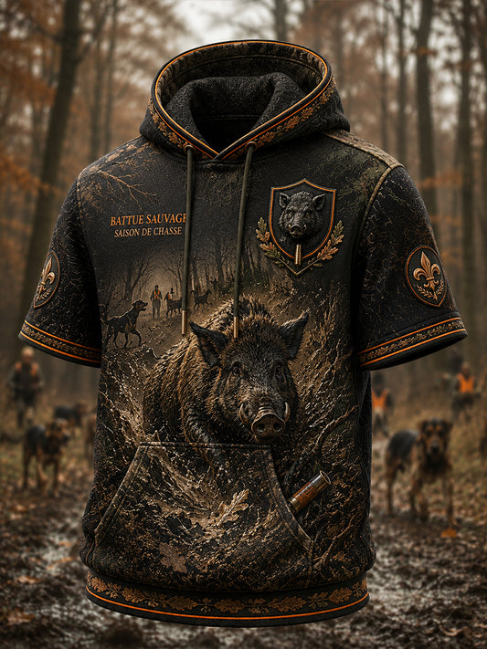 Sweat à capuche décontracté à manches courtes imprimé saison de chasse française pour hommes