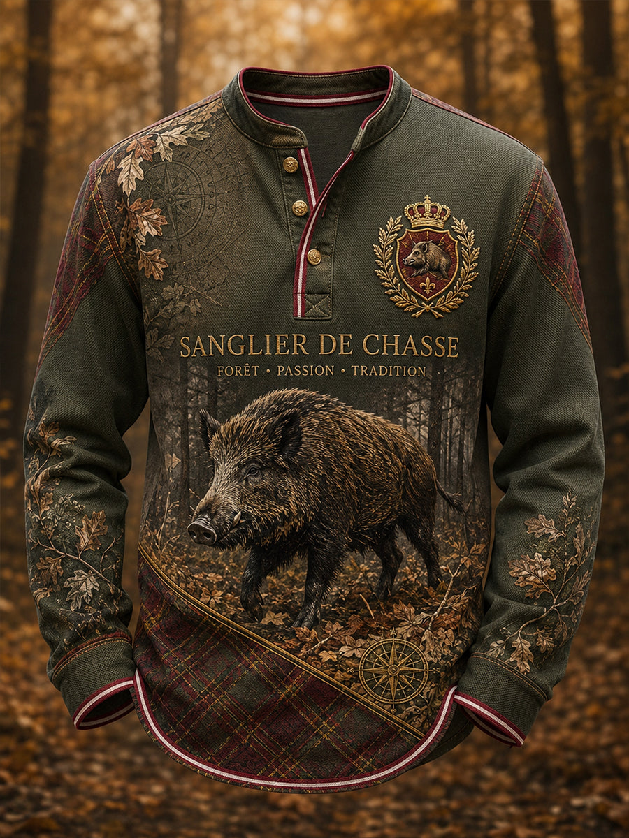 La saison de chasse française des hommes imprimé bouton décontracté T-shirt