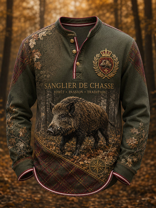 La saison de chasse française des hommes imprimé bouton décontracté T-shirt