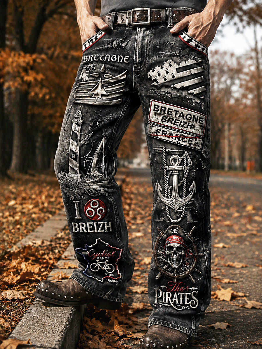 Pantalon Homme Vintage Noir Breton Pirate-Print Décontracté