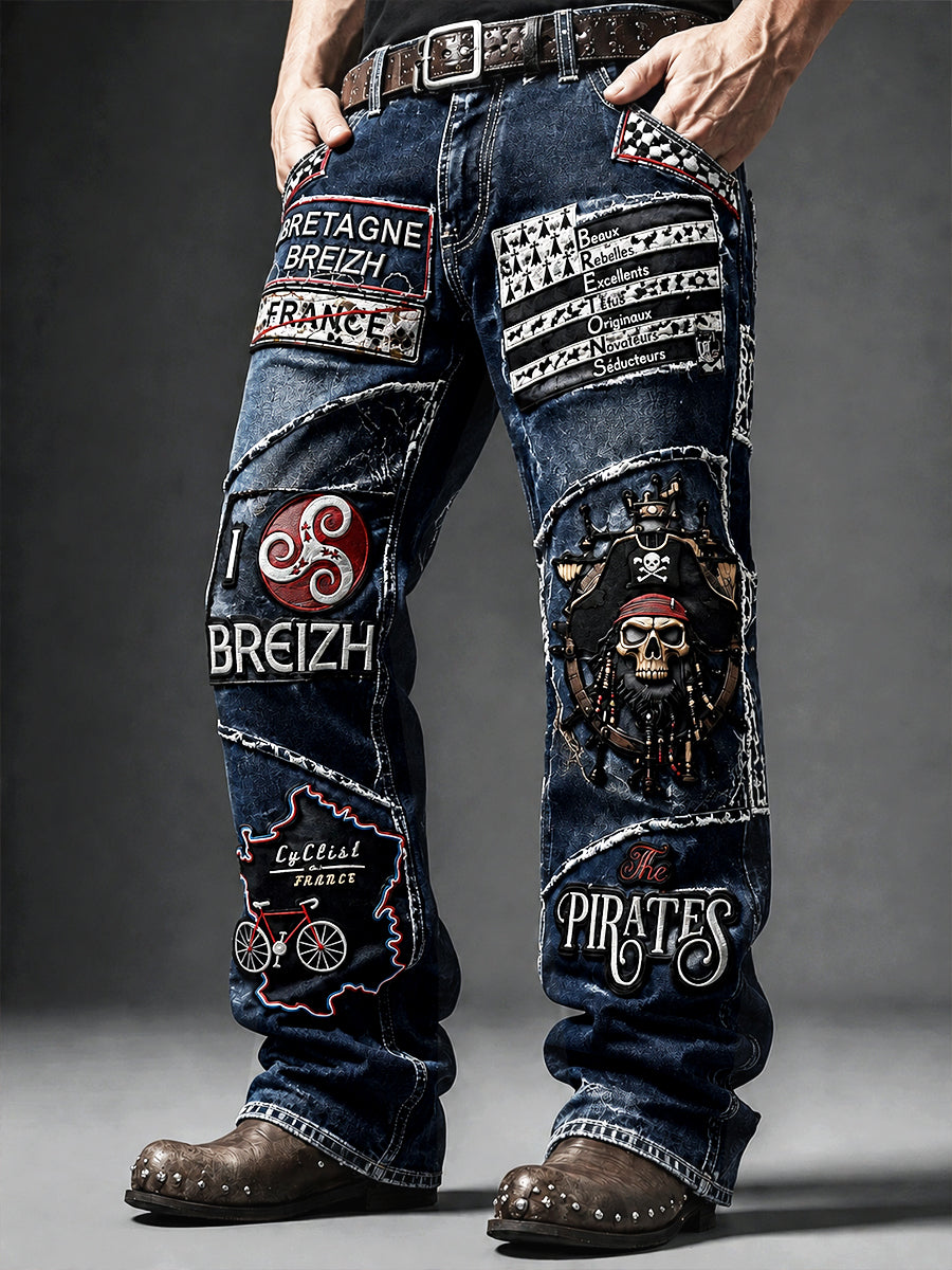 Pantalon Décontracté Homme Bleu Foncé À Imprimé Patchwork Style Breton
