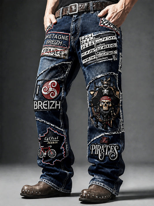 Pantalon Décontracté Homme Bleu Foncé À Imprimé Patchwork Style Breton