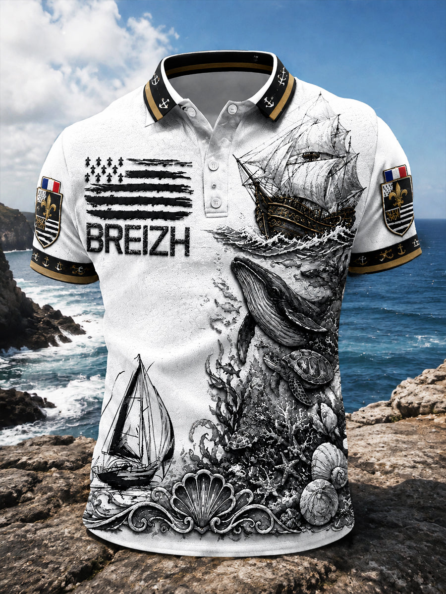 Polo Décontracté Homme Blanc Bretagne Française Imprimé Maritime