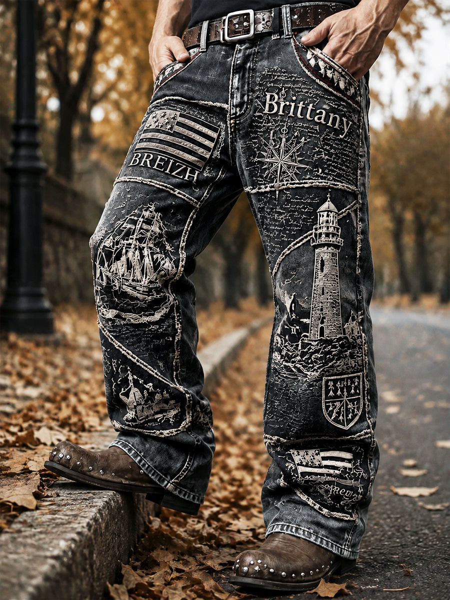 Hommes Vintage Gris Foncé Français Bretagne Patchwork Imprimer Pantalon Décontracté