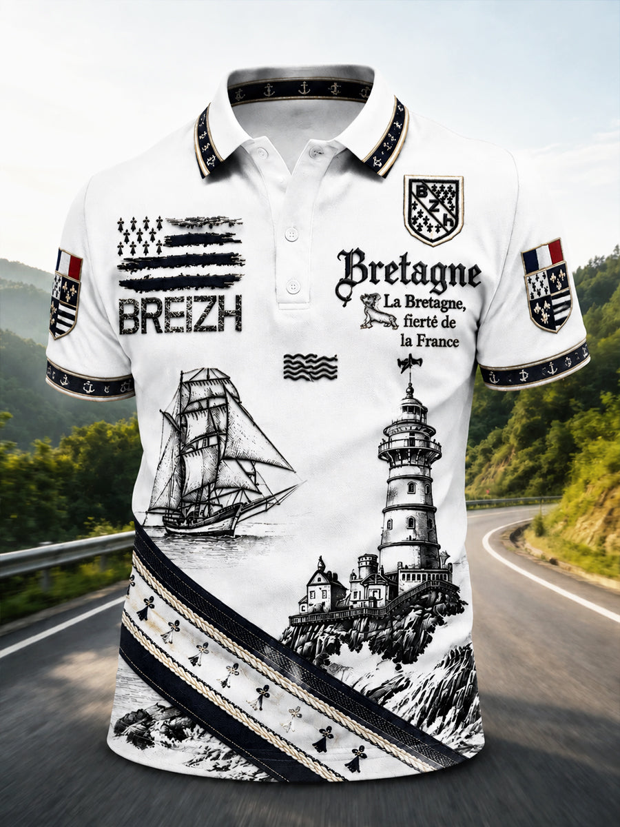 Polo Homme Blanc Style Breton Imprimé Phare Décontracté
