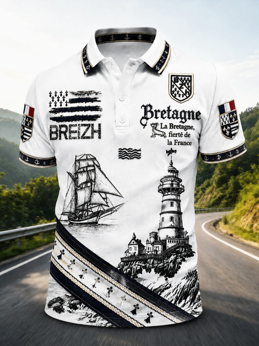 Polo Homme Blanc Style Breton Imprimé Phare Décontracté